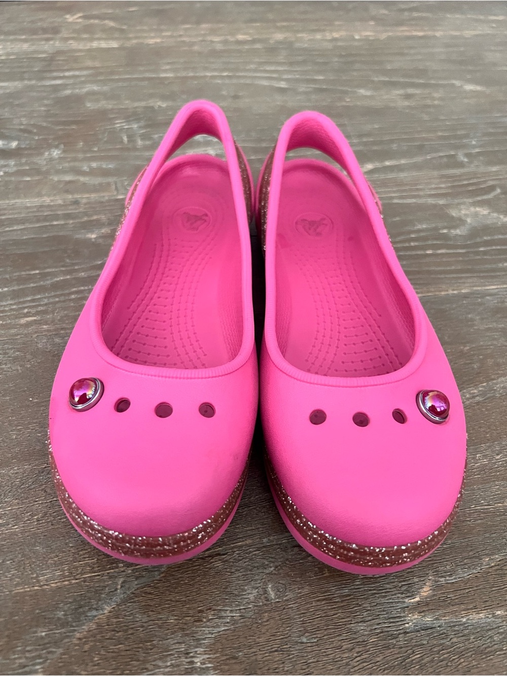 CROCS Girls Hot Pink Slip-On Jelly Ballet Flats with Gem Detail